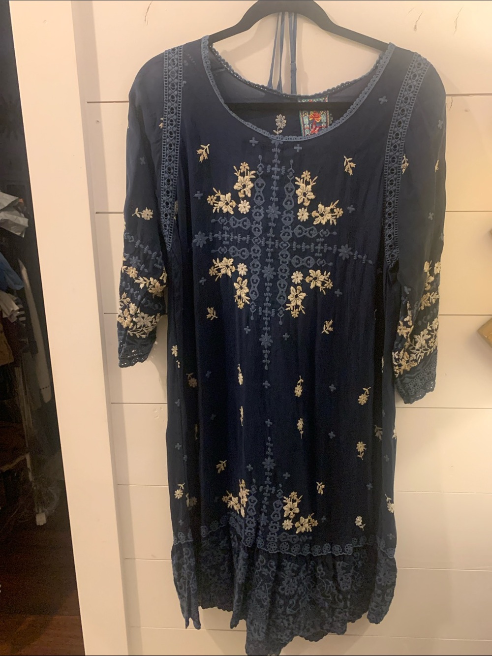 Johnny Was Navy Blue Embroidered Top with Cream Floral Stitching